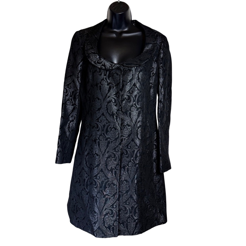 Tahari Whimsigoth Black Metallic Gunmetal Damask Jacquard Portrait Collar Coat